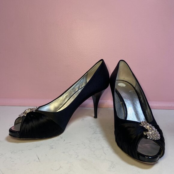 Giuseppe Zanotti Black Satin Open Toe Pumps with Crystal Embellishment - EUR 38 - Picture 5 of 7